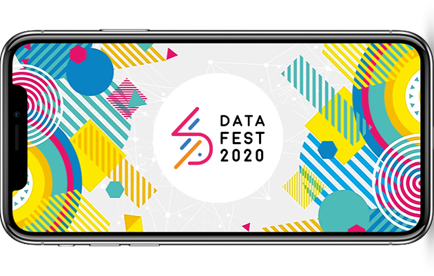 Mobile phone showing DataFest 2020 app