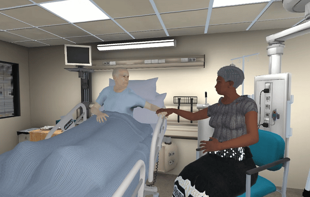 virtual reality end of life training hospital scene with a patient and their loved one