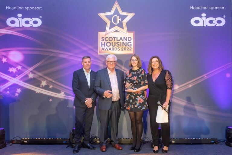 L-R Lovell partnership sponsor, Peter Moir, Heather Duncan and BBC presenter Catriona Shearer at Scotland Housing Awards 2022