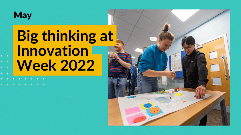 Two students look over a table solving a problem with sticky notes for innovation week 2022. Overlay text reads "Big thinking at Innovation Week 2022"