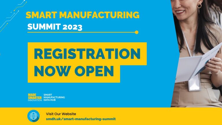 Yellow and blue image banner which reads: Smart Manufacturing Data Summit 2023 - Registration Now Open