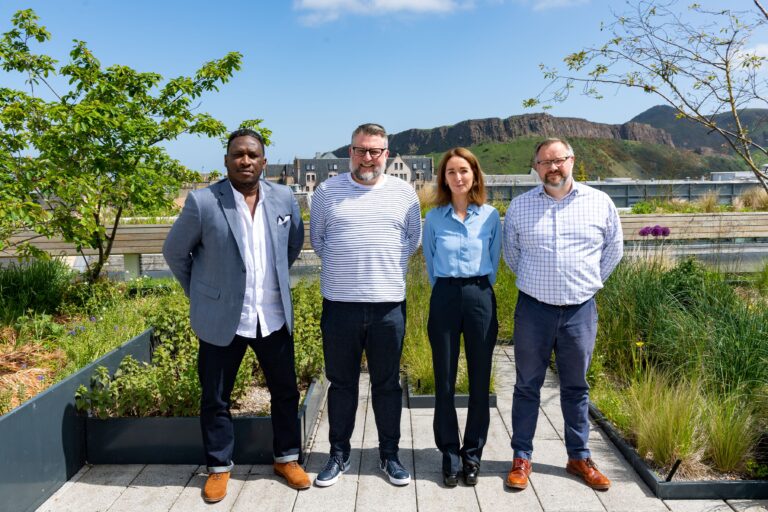 Photo taken on the Bayes Centre terrace of The Data Lab Governance Board (from l-r): Abel Aboh (Data Management Lead at the Bank of England), Martyn Wallace (Chief Digital Officer at the Digital Office for Scottish Local Government), Kirsty Brown (Managing Director of SMBC Bank International), and Brian Hills (CEO of The Data Lab).