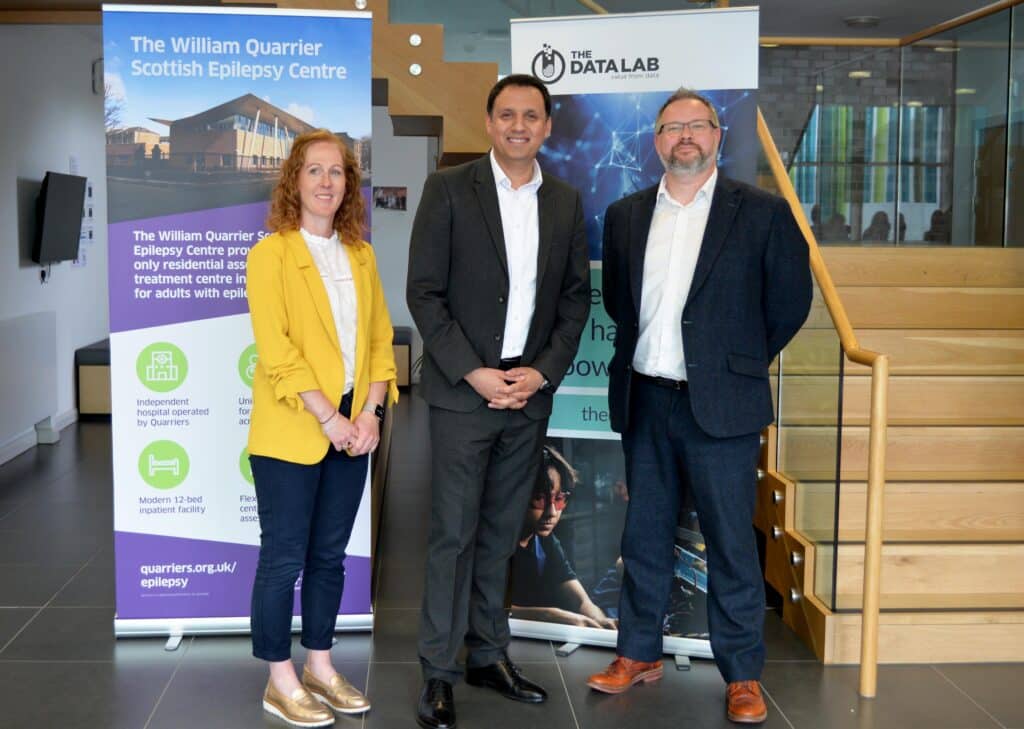 Pictured left to right: The Data Lab's Director of Marketing & Communications Ally Orr; Scottish Labour Leader, Anas Sarwar; Brian Hills, Chief Executive at The Data Lab.