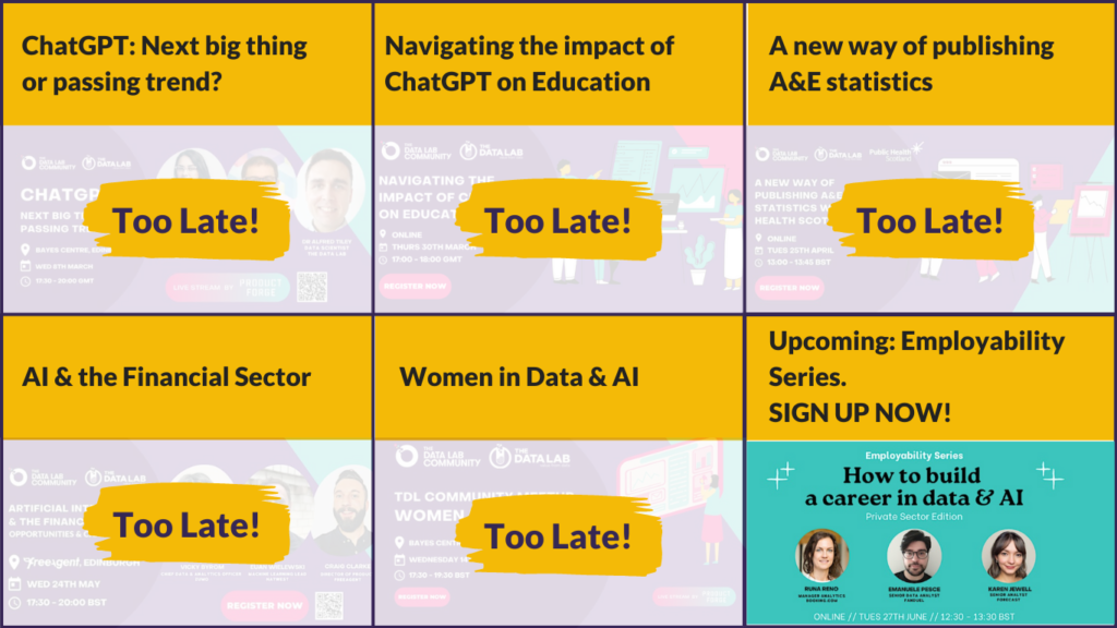 A list of Data Lab Community events that have already past, and one box that lists an upcoming event How to build a career in data and ai