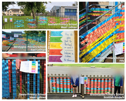 Photo of winning Data Visualisation by Kate Farrell - Weaving our Way to School. It showcases school gates covered in different coloured ribbons weaved to the gates, representing pupil's mode of transport to school.