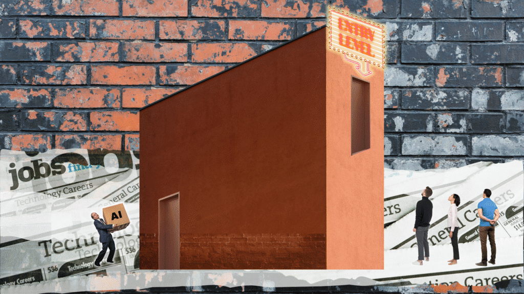An imposing building with two doors and a red brick background, newspaper cuttings of job listings are also collaged into the background. One door is at ground level where a businessman is carrying a large box labelled AI as he is about to enter the building. The second door is high above ground with no apparent means of entry. There is a large flashing neon sign which reads Entry Level above the door. Three young people are below looking up at the door.