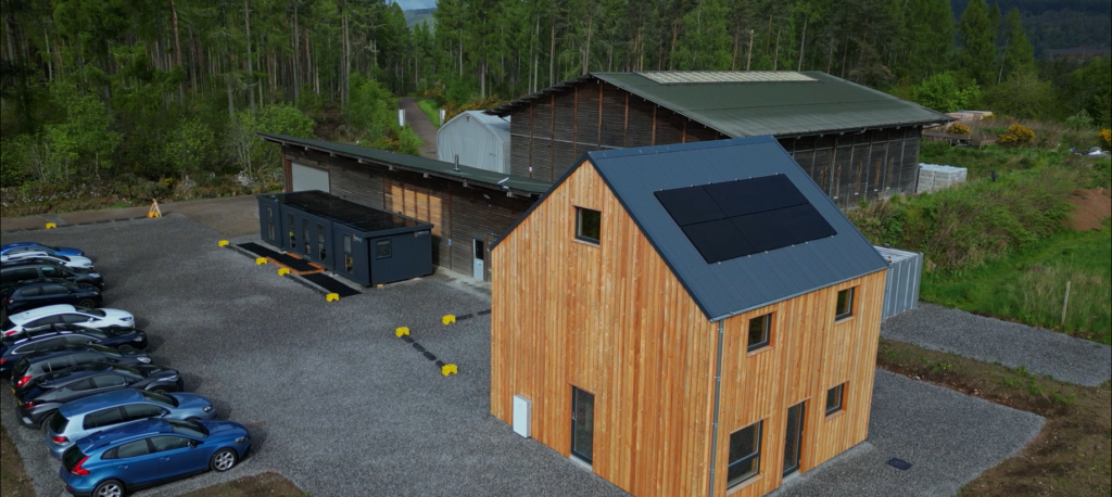 Aerial shot of energy efficient new building in the Scottish Highlands