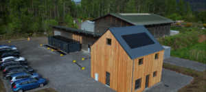 Aerial shot of energy efficient new building in the Scottish Highlands